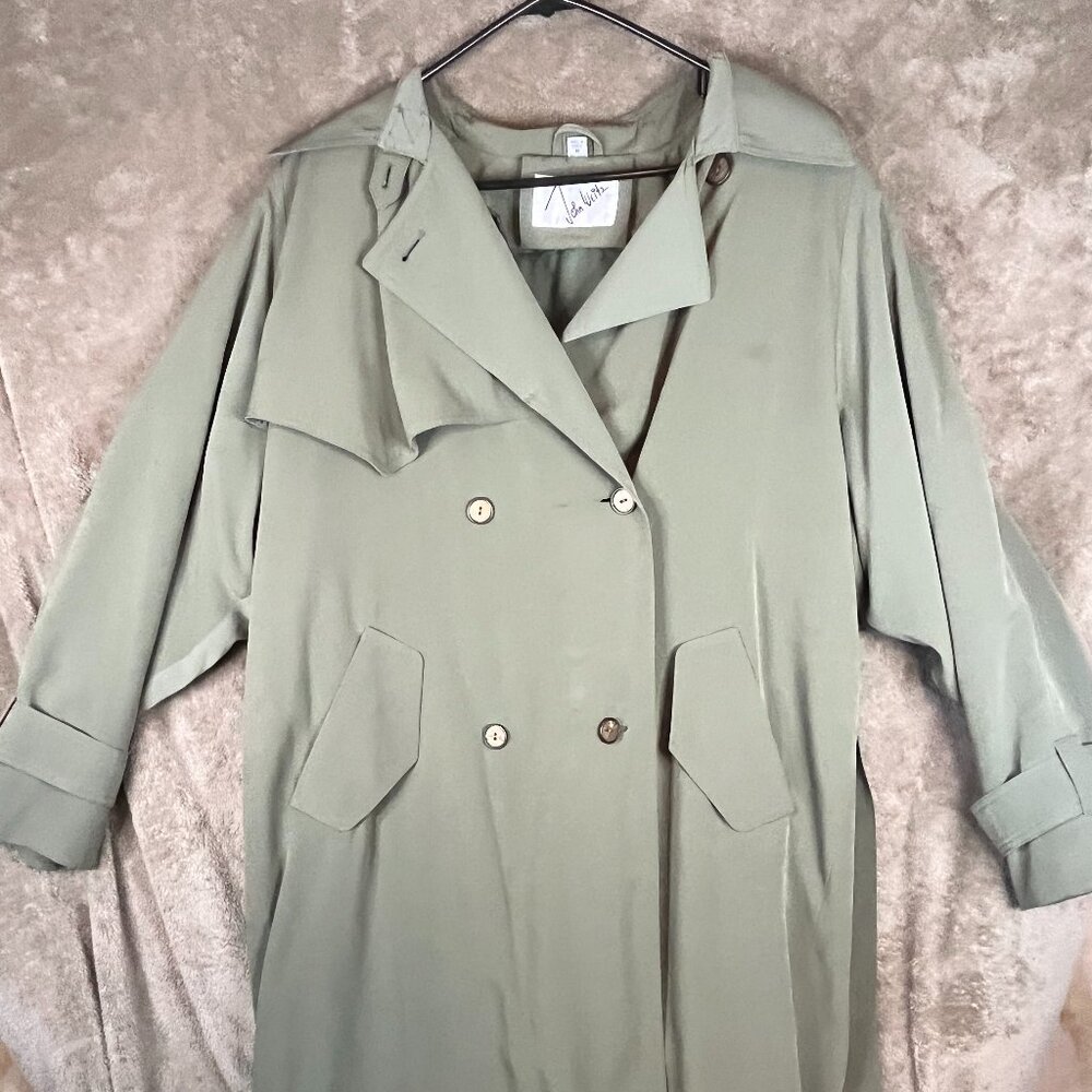 John Weitz Womens Trench Coat Double Breasted Tie Waist Long Sleeves Green M